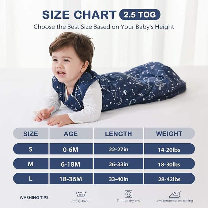 Mosebears Unisex Rayon Made from Bamboo Sleep Sack with 2-Way Zipper,2.5 Tog Baby Winter Sleep Sack(Navy Blue,6-18 Months)