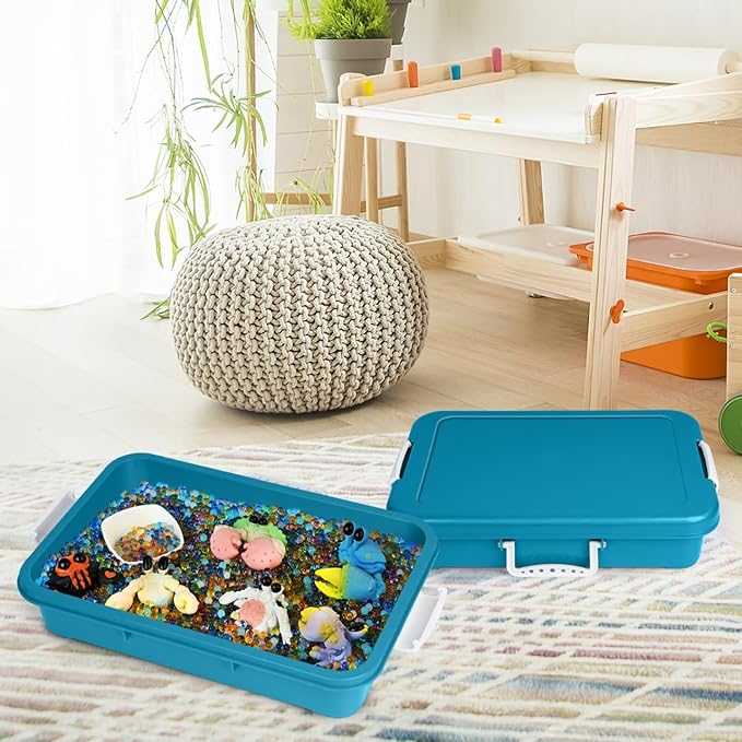 Madzee Plastic Activity Tray with lid for Slime, Beads, Sand and Sensory Toys – 15 Inches (Teal)