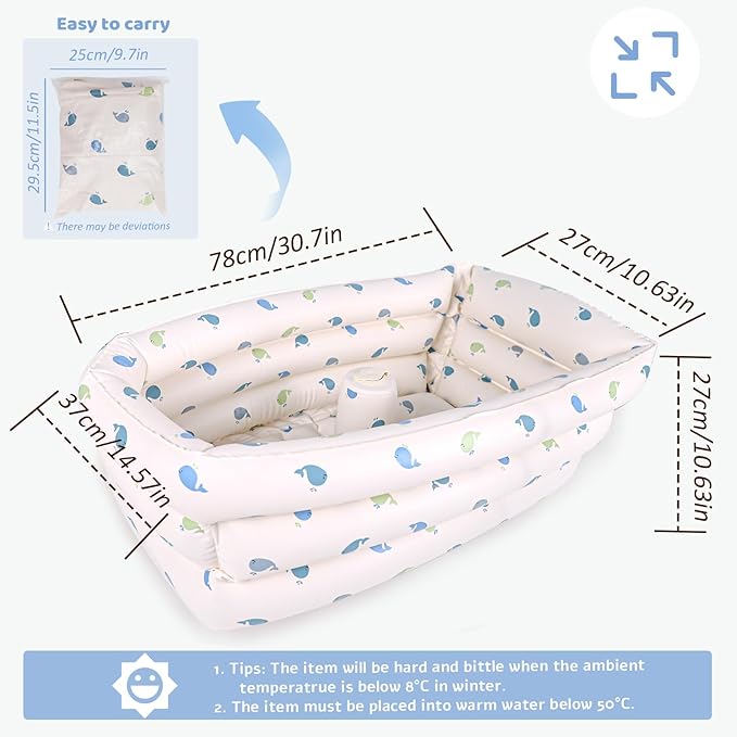 Inflatable Baby Bathtub with Built-in Air Pump, Portable Bathtub for Babies 1-5 Years Old, Small Ball Pool, Foldable Bath Tub for Travel, 30.7 x 14.6 Inch (Whale)