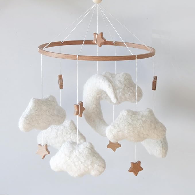 Cloud Mobile for Crib Neutral Baby Mobile for Crib Bassinet Boucle Cloud Baby Crib Mobile for Girls Boys Boho Nursery Mobiles with Wooden Stars