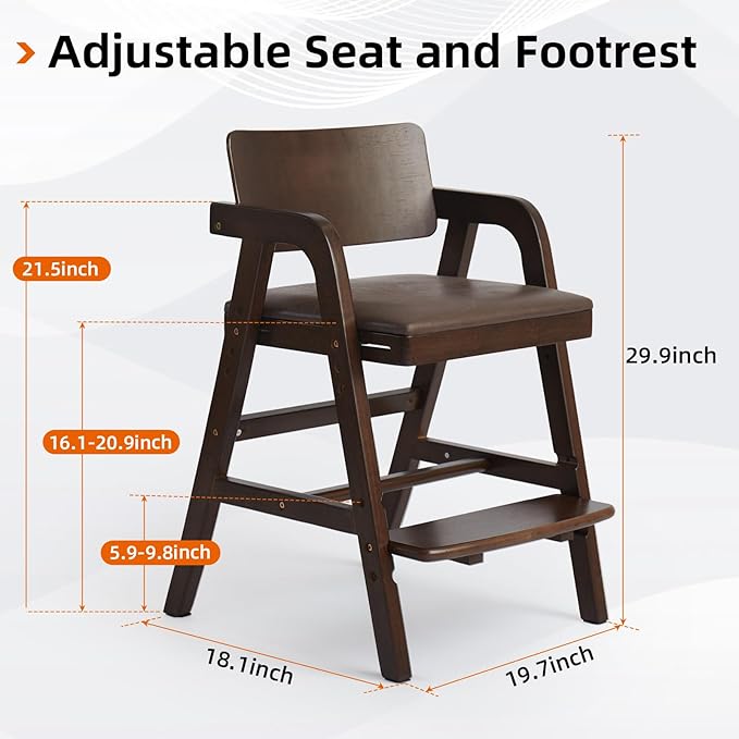 Solid Wood high Chairs for Toddlers,High Chair Grows with Kid for Dining, Study Chair for Children, Walnut Color