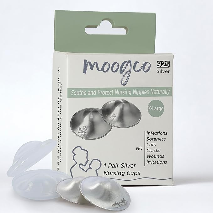 Moogco The Original Silver Nursing Cups - Nipple Shields for Nursing Newborn - Breastfeeding Essentials - Newborn Essentials Must Haves - Nipple Covers Breastfeeding - 925 Silver (X-Large)