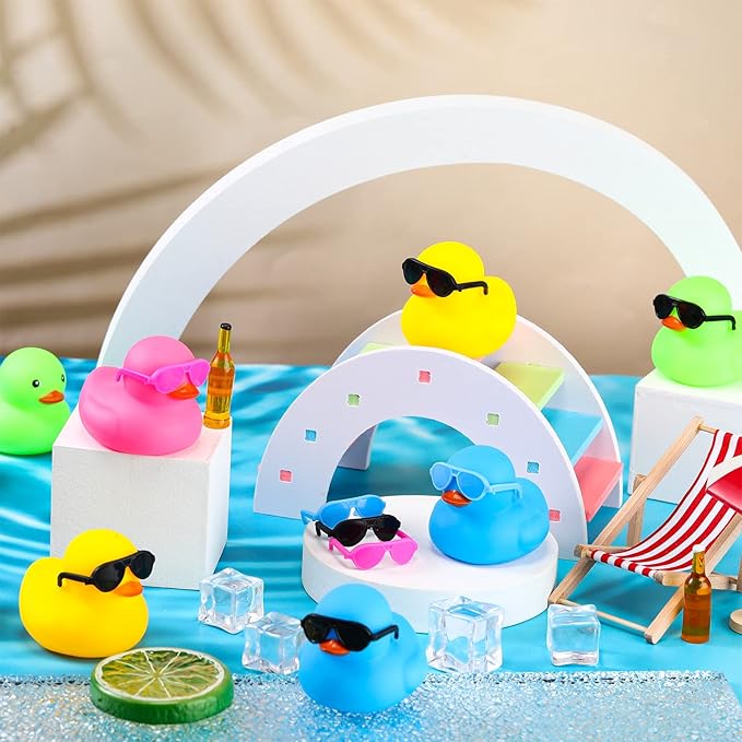 Chivao 12 Pcs Rubber Ducks with 12 Sunglasses/ Hats/ Headwear Small Mini Carnival Cruise Birthday Rubber Duckies Bathtub Toys in Bulk(Stylish Style,Bright Colors)