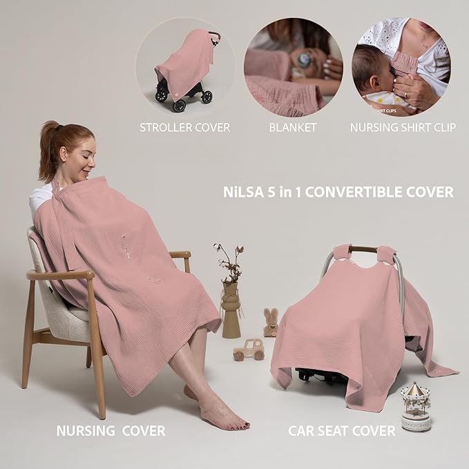 Nilsa 5-in-1 Muslin Nursing Cover up for Breastfeeding & Baby Car Seat Cover - Breathable Breastfeeding Cover With Rigid Hoop - 100% Cotton Privacy Apron Breast Feeding Covers For Women (Blush)