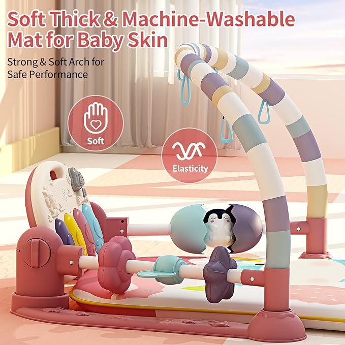 Baby Gym With Kick and Play Piano - Activity Mat for Tummy Time With 5 Infant Learning Sensory, Music and Lights for Newborn Boy or Girl (Pink)