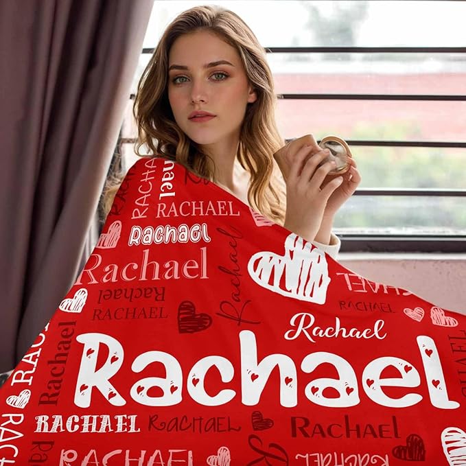 Custom Name Blanket for Girls Boys, Personalized Baby Blanket with Name, Red Hearts Pattern Blankets for Infant Toddler Birthday Christmas, Ultra-Soft & Cozy Blankets for Daughter Son Nephew Niece