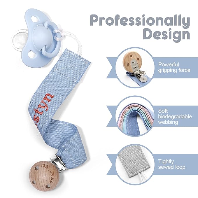 TYRY.HU Personalized Pacifier Clip with Name, Embroidery Webbing Pacifier Holder for Baby Girls and Boys, Neutral Pacifier Leash Universally Fit All Pacifiers & Baby Toys, 2 Pack Baby Gift(Grey, Blue)