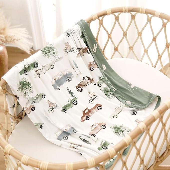 GRSSDER Baby Swaddle Blankets 2 Pack, Super Soft Jersey Knit Reversible Quilt for Baby Girls and Boys, Double Layer Receiving Blankets 34 x 44 Extra Large for Swaddling, Cars & Balloons