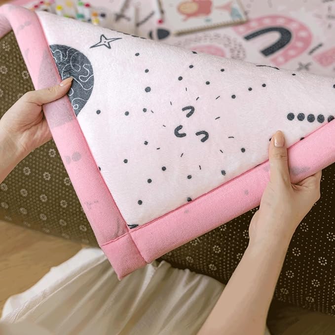 Loartee Rainbow Kids Play Mat - 1" Thick Baby Nursery Rug, Soft Crawling for Toddlers, Coral Velvet Memory Foam Tummy Time, Pink, 59"x59"