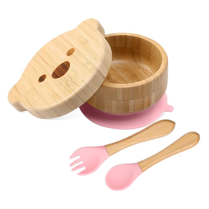 Baby Bowls with Lid,HBM Bamboo Suction Bowls for Baby and Spoon Set,3PC Feeding Supplies Set for Infant, Toddlers,Detachable Silicone Suction Stay Put Base for Wooden Bowl (Pink)