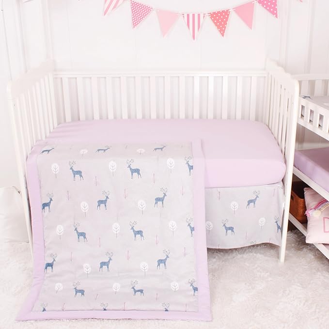 CaSaJa Baby 3-Piece Crib Bedding Set for Boys Girls, Including Soft Quilted Comforter(Blanket), Fitted Crib Sheet and Skirt, Soft Nursery Bedding Set Made of Silky Comfy Materials, Reindeer Forest