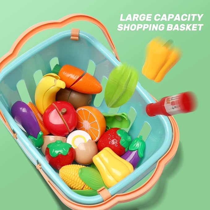 CUTE STONE Pretend Play Kitchen Toy with Cookware Steam Pressure Pot and Electronic Induction Cooktop, Cooking Utensils, Toy Cutlery, Cut Play Food, Shopping Basket Learning Toy for Girls Boys