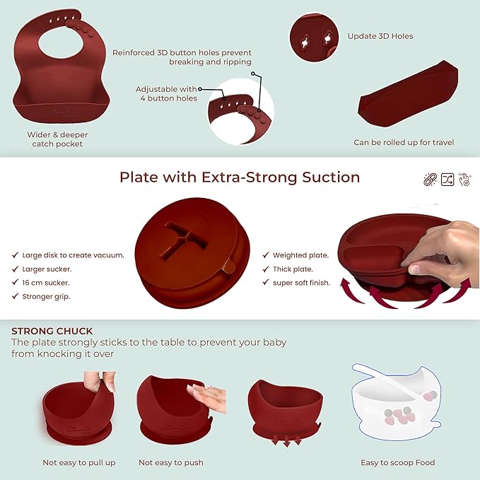 Silicone Baby Feeding Set – 10 Pcs Baby Led Weaning Supplies & Self Feeding Kit | Toddler Plates and Bowls Set, Bib, Fruit Feeder, Cup, Spoons & Forks – Empower Independence with LimeOr - Red-Wine