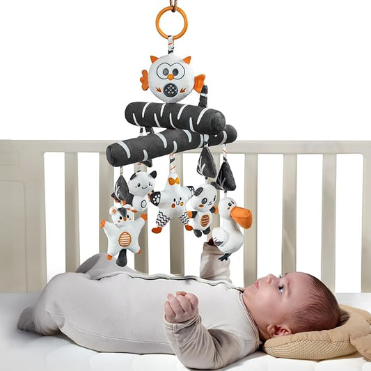 TUMAMA Black and White Crib Hanging Plush Toy, Active Plush Animal Crib Mobile, Sensory High Contrast Baby Toy for 0 3 6 9 to 12 Months