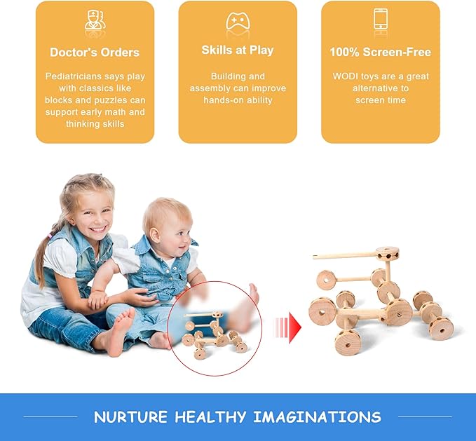 WODI 60PCS Wooden Building Blocks for Kids Ages 4-8, STEM Toys Montessori Learning Toys, Large DIY Educational Construction Blocks for Toddlers, Creative Splicing Activity Set with Manual