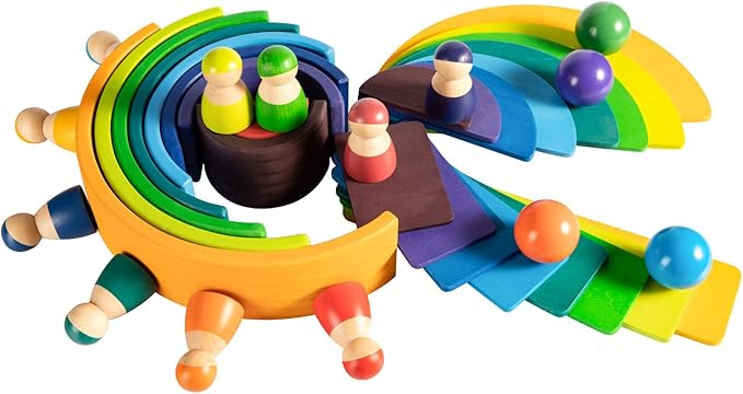 Wooden Rainbow Rectangle Stacker Toys, Rainbow Building Blocks Board Set for Kids, 11Pcs Rectangle Stacking Puzzle, Learning Creative Thinking Toys