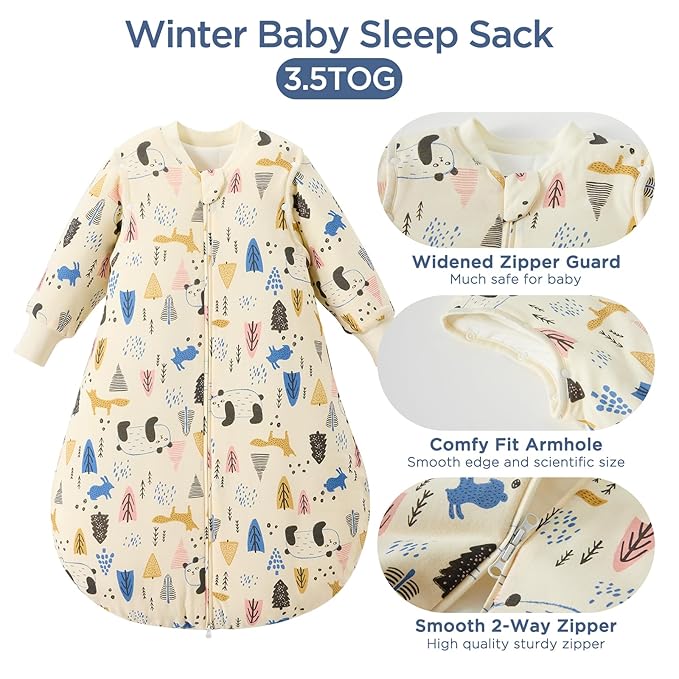 Duomiaomiao 3.5 TOG Baby Sleep Sack 100% Cotton Winter Long Sleeve Baby Wearable Blanket, Super Warm Quilted Comfy Toddler Sleeping Sack