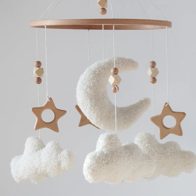 Cloud Moon Crib Mobile Cloud Baby Mobile for Crib Neutral Boho Clouds and Wooden Stars Moon Mobile Boucle Mobile