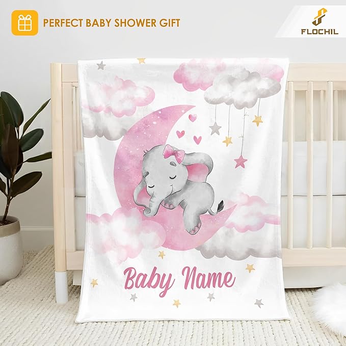 FLOCHIL Personalized Baby Blankets, Custom Baby Blanket - Baby Blanket with Name for Girls, Best Gift for Newborn Elephants Plush Fleece (30x40)