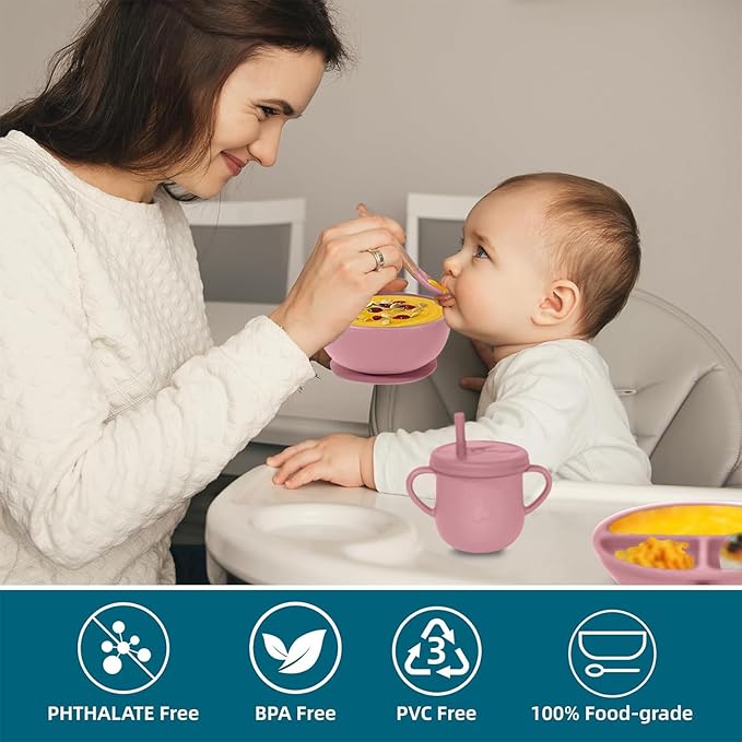 100% Silicone Baby Feeding Set,BPA Free Baby Dishes Set with Suction Bowl Divided Plate,Toddler Self Feeding Dish Set with Spoons Forks Sippy Cup and Bib, Baby Eating Utensils (Coral)