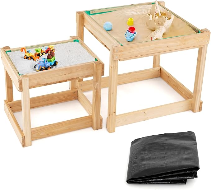 Costzon 2 PCS Wood Kids Sensory Table with Protective Cover, Built-in Liner, Space-Saving Nesting Design for Yard, Garden, Beach, Outdoor Play, Sand and Water Table for Children