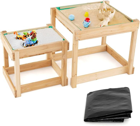 Costzon 2 PCS Wood Kids Sensory Table with Protective Cover, Built-in Liner, Space-Saving Nesting Design for Yard, Garden, Beach, Outdoor Play, Sand and Water Table for Children