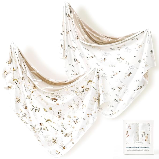 GRSSDER Baby Blankets Super Soft Stretchy Jersey Swaddle Blanket 2 Pack for Baby Boys, Double Layer Reversible Receiving Blankets 34 x 44, Extra Large for Swaddling, Cute Duck & Rabbit