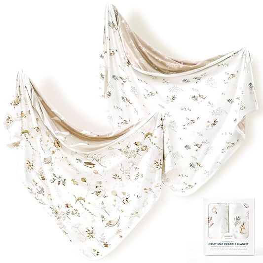 GRSSDER Baby Blankets Super Soft Stretchy Jersey Swaddle Blanket 2 Pack for Baby Boys, Double Layer Reversible Receiving Blankets 34 x 44, Extra Large for Swaddling, Cute Duck & Rabbit