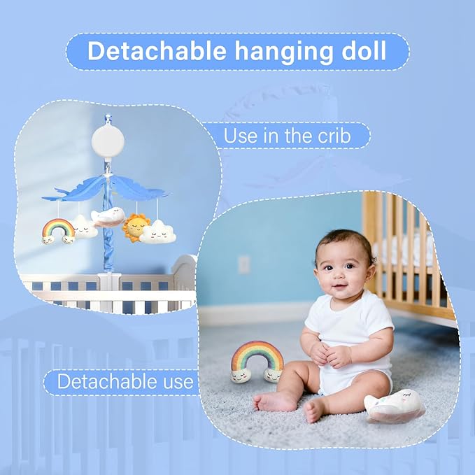Crib Mobile for Baby, Blue and White Airplane & Weather Theme, Mobile for Crib with 35 Lullabies & 3 Modes Rotating Music Box, Nursery Decoration for Infant Boys and Girls