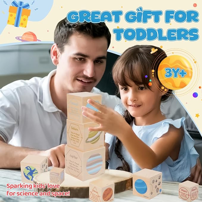 Wooden Eight Planets Nesting Blocks for Kids 3+, Montessori Sorting & Stacking Cube Boxes, Preschool Educational Science Toy Set for Toddlers Boys & Girls―Learning Solar System (8 Pcs)