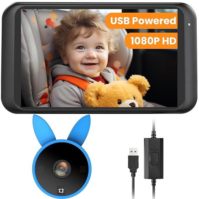 Babyvue BV2 USB Car Camera for Baby : 4.5" Car Seat Camera with 1080P Crystal Clear Mirror View, Easy Installation Carseat Rear Facing Moitor for Pet & Kids, HD IR Night Vision Backseat Monitor