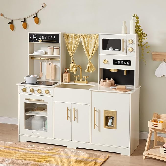 Tiny Land Play Kitchen for Kids, Toy Kitchen Set with Plenty of Play Features, New Modern Kids Wooden Play Kitchen Designed in Trendy Home Style with Curtains, Gift for Ages 3+