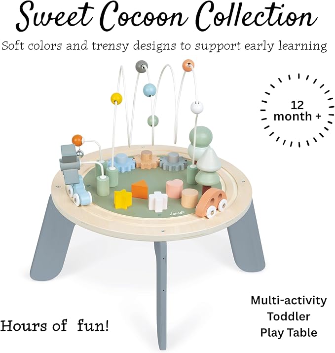 Janod J04402 Sweet Cocoon Wooden Activity Multi-Play Table Toddlers – Fine Motor Development – Non-Slip Feet – Water Painted and FSC Certified – Suitable for Age 1 Year and Above