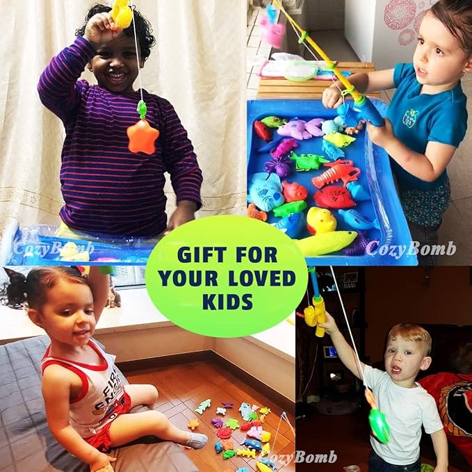 CozyBomB™ Magnetic Fishing Toys Game Set for Kids | Water Table Bathtub Kiddie Pool Party & Pole Rod Net, Plastic Floating Fish Toddler Color Ocean Sea Animals Christmas Age 3 4 5 6 Year