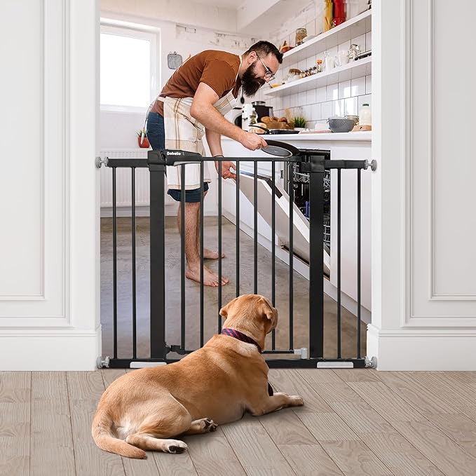 Babelio Baby Gate, 29-43" Auto-Close Easy Install Pet Gate, PressGuard P7 Extra Wide Walk Thru Child Safety Gate, 30" Tall Pressure-Mounted Metal Dog Gate for Doorways & Stairs, Black