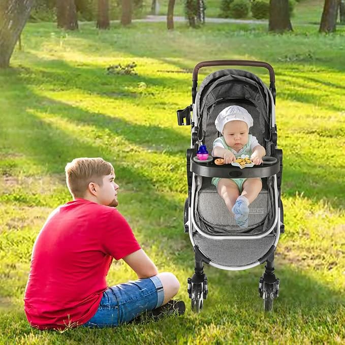 Kinder King 3 in 1 Reversible Baby Stroller w/Detachable Tray, Convert to Newborn Pram, Folding Infant Carriage for Toddler, Adjustable Canopy & Handle, Aluminum Alloy, Suspension Wheels