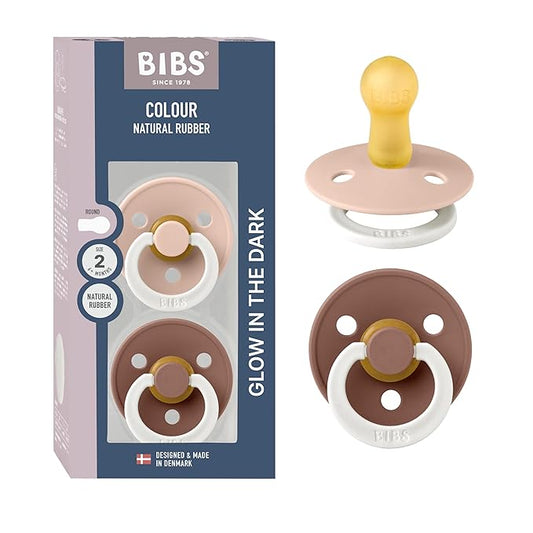 BIBS Colour Night Glow in The Dark Soother 2-Pack, BPA Free Dummy Pacifier, Round Nipple. Natural Rubber Latex, Made in Denmark, Size 2 (6-18 Months), Blush Glow/Woodchuck Glow