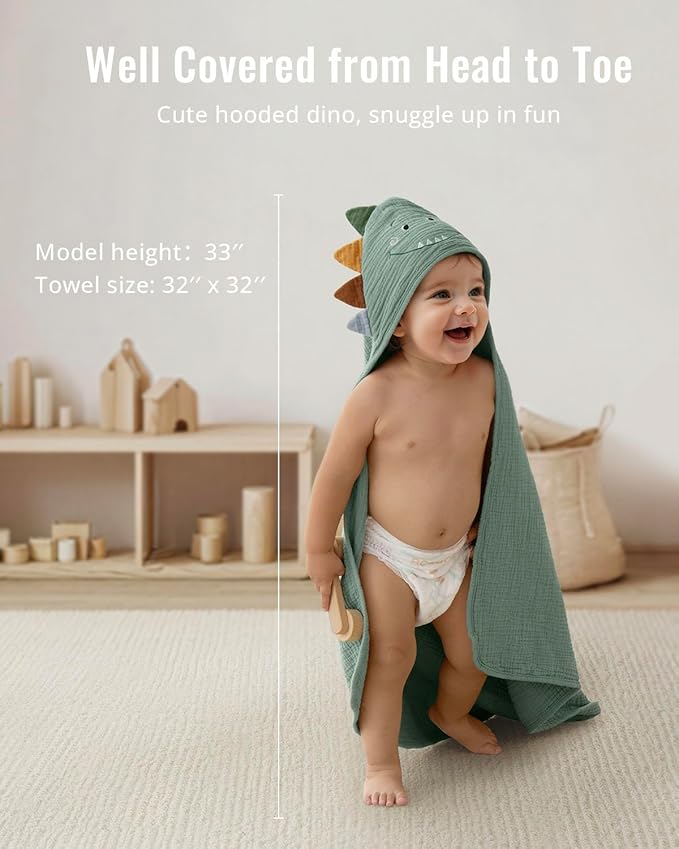 Blissful Diary Muslin Baby Hooded Towel, Soft and Absorbent Bath Towel for Newborn, Infant, Toddler, Unisex, 32″x32″ - Roguish Dino