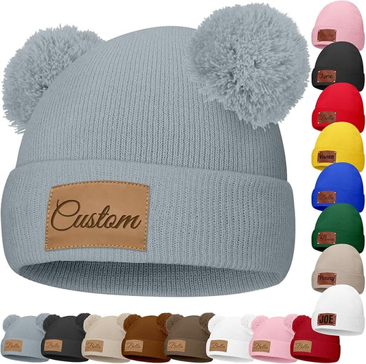 Custom Baby Beanies Personalized Toddler Winter Hats Name Leather Patch Kids Knit Warm Hat for Infant Boys Girls Adult