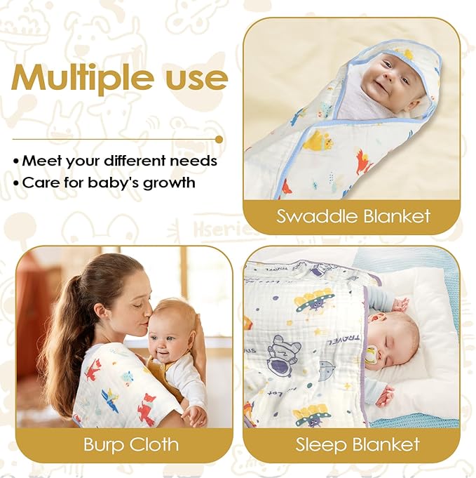 Baby Bath Towels 100% Muslin Cotton Hooded Baby Towels 2 Pack Shower Gifts for Newborn, Infant, Toddler, Kids,Super Soft and Absorbent, Large 35x35Inches