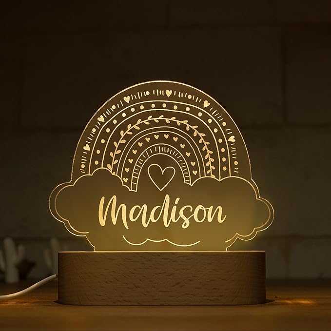 Night Light for Kids Room Personalized, Nursery Room Decor, Custom W/Name, Bedside Lamp, Birthday Gifts for Boys and Girls, Rainbow