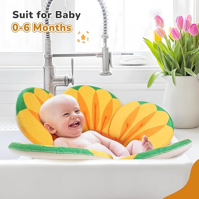 Baby Bath Pad for Infant Bathtub Sink, Non-Slip Flower Bathtub for Infants 0-6 Months, Soft Baby Sink Bath Cushion for Babies Bath Time, Newborns Bath Essentials Must Haves-Sunflower