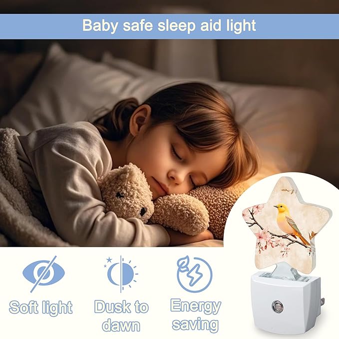 Bird Vintage Nightlight,Pink Cherry Blossoms Star Night Lights Plug into Wall Decorations for Bedroom Bathroom,Dusk to Dawn Sensor Kitchen Hallway Stairs Energy Efficient Desk Lamp
