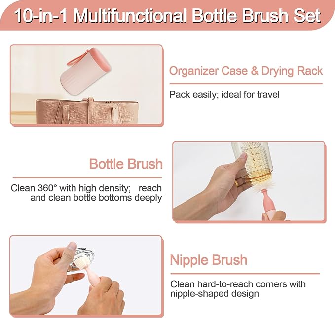 Travel Bottle Cleaner kit, 7 in1 Electric Baby Bottle Brush Cleaner Set with Silicone Brushes, Soap Dispenser, Drying Rack, Storage Box and Gap Cleaning Brush for Home Picnic Travel Outdoo