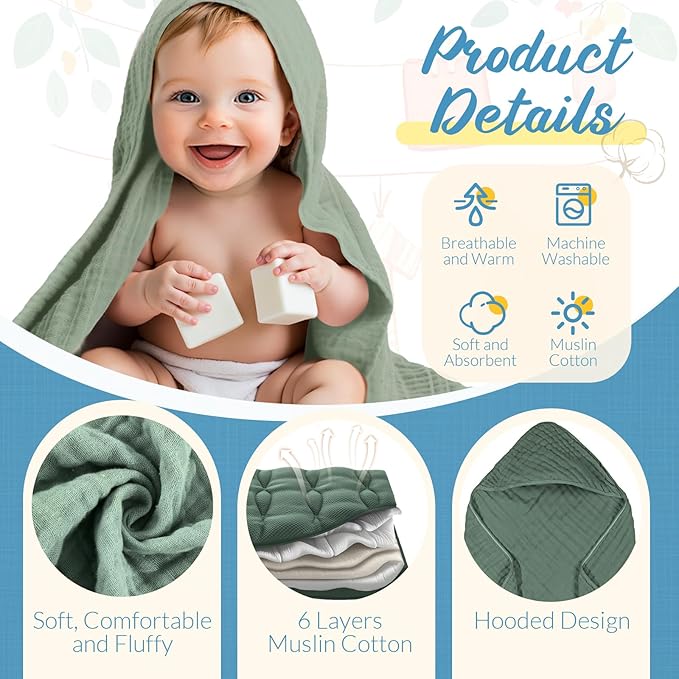VitalCozy 12 Pcs Baby Muslin Hooded Bath Towels and Washcloths, 32 x 32 Inch Muslin Cotton Hooded Baby Towels Absorbent Hooded Blankets for Gift Newborn Infant Shower (Green Blue Gray)