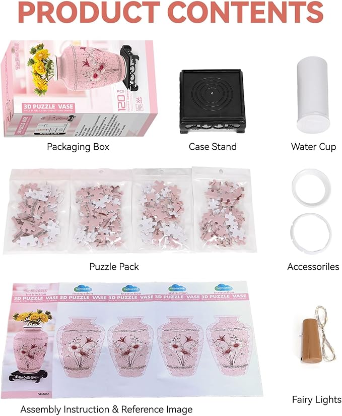 3D Puzzles Vase for Adults, Crafts for Adults, 120 Pieces Plastic DIY Unique Flower Vase with LED Light House Warming Gift Birthday Gifts for Flower Arrangements and Home Decor (Pink)