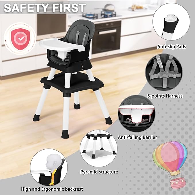 Baby High Chair, 8 in 1 Convertible Highchairs for Babies and Toddlers, Children Dining Booster Seat/Kids Building Block Table for Girls Boys, Baby Seat with Removable Tray, Grey