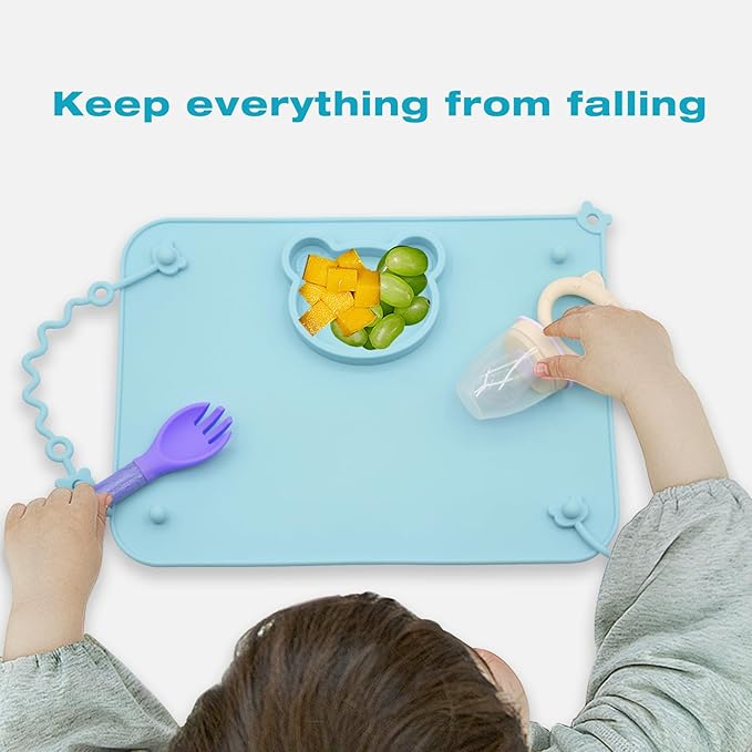 2 Pack Baby Silicone Mat with Suction Base and 4 Stretchable Straps, 6 Strong Suction Cups, Baby Placemats, Activity Mat for Infants to Toddlers, Keeps Babies Essentials Off The Floor Green Blue