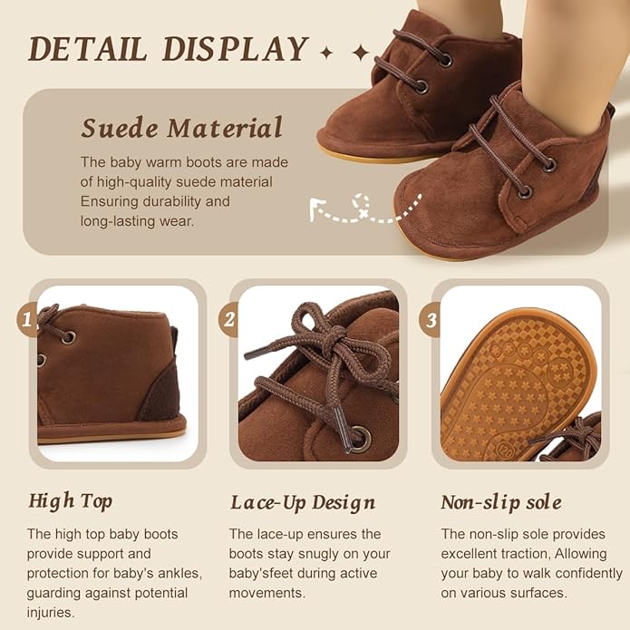 Baby Unisex Warm Snow Boots Newborn Leather Fur Lace Up Ankle Anti-Slip Rubber Texture Sole Toddler Prewalker Winter Crib Shoes