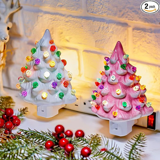 Brightown 2 Pack Ceramic Christmas Tree Night Light, Pink and White